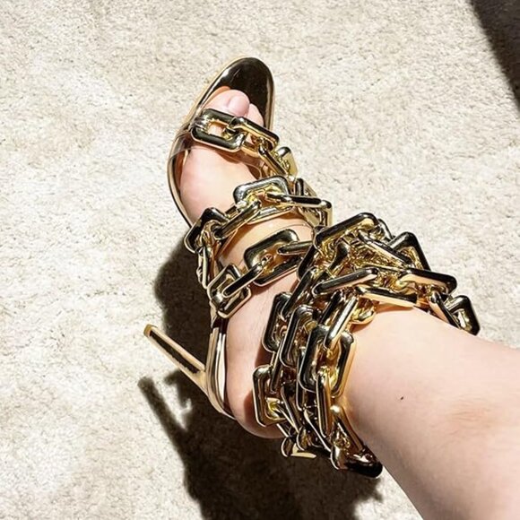 Luxury Women's Ankle Link Gold Heels - Picture 5 of 8